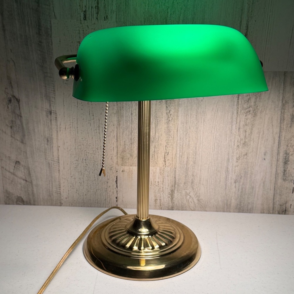 Bankers Desk Lamp Green Glass Shade Gold Tone Traditional Office Study Academia